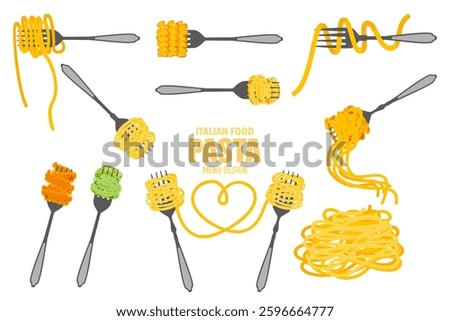 Delicious food vector illustration set. Italian food menu with different pasta styles. Pasta fork element. The set consists of a variety of different types of pasta wrapped around a white background.
