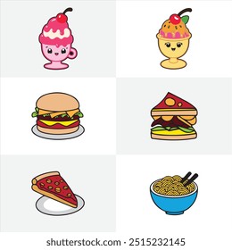 "Delicious food vector stickers featuring pizza, burgers, ice cream, and noodles. Perfect for food enthusiasts, restaurant decor, and fun designs. High-quality vectors for easy.