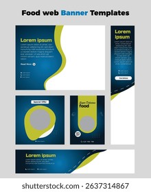 Delicious Food Web Banner Design Template Modern Restaurant or Fast Food Promotion Layout with Tasty Meals Burgers and Special Offers for Website Headers and Online Ads in Vector Format