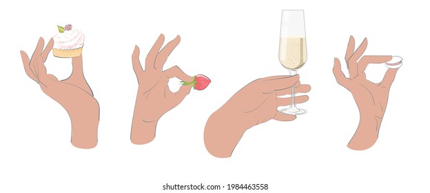 Delicious food in your fingers. A cake, a strawberry, a cookie in a womans hand. Hand holding a glass of champagne