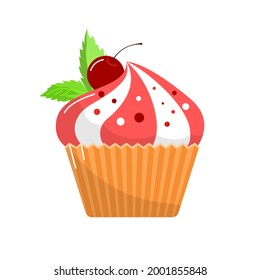 Una deliciosa y fragante tarta en una cesta con una cereza. Estilo de caricatura. El vector está resaltado en un fondo blanco.
