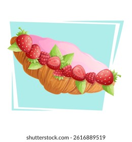 Delicious French croissant with cream and berries on a blue background. The concept of confectionery, baking, cooking. Isolated vector illustrations for menu design, posters, banners, covers