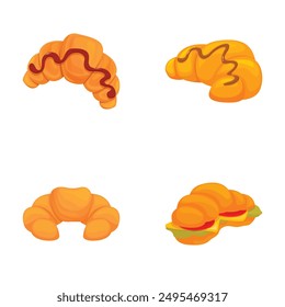 Delicious french cuisine, assorted croissants vector illustration set for bakery menu items, featuring chocolate, breakfast, snack, and dessert options