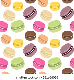 Delicious french dessert. Seamless pattern macarons on white background