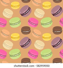 Delicious french dessert. Seamless pattern macarons on brown background