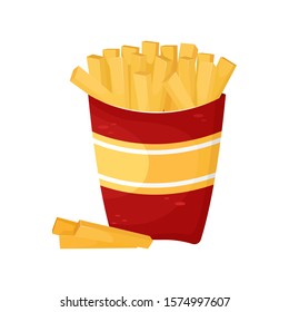 Delicious French fries in cardboard packaging. Vector illustration of fast food. Junk food.
