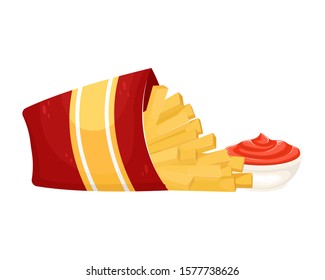 Delicious French fries in cardboard packaging with ketchup. Vector illustration of fast food. Junk food.