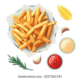 Deliciosas batatas fritas com ketchup e maionese em um fundo branco. Fast food. Ilustração vetorial em eps 10. Adequado para menu, restaurante, receita e livro de receitas 