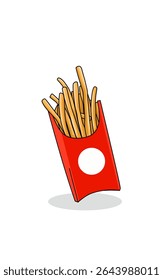 Delicious French fries in red paper pack. Food art
