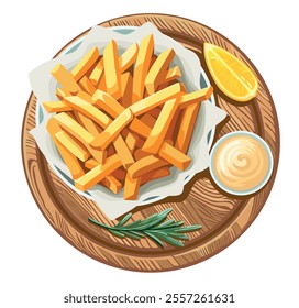 Deliciosas batatas fritas servidas com molho em uma tábua. Fast food. Ilustração vetorial em eps 10. Adequado para menu, restaurante, receita e livro de receitas