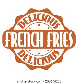 Delicious french fries stamp or label on white, vector illustration