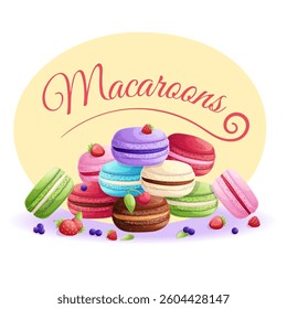 Delicious French multi-colored macaroons stacked on top of each other on a yellow background with the inscription "Macaroons". The concept of confectionery, baking, cooking. Vector illustration