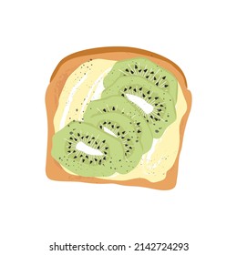 Delicious french toast breakfast. Healthy food concept. Sandwich made of fresh toasted bread with sliced kiwi, cream cheese and seasoning herbs. Cartoon hand drawn vector illustration. 