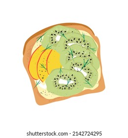 Delicious french toast breakfast. Healthy food concept. Sandwich made of fresh toasted bread with sliced kiwi, mango, cream cheese  and seasoning herbs. Cartoon hand drawn vector illustration. 