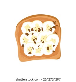 Delicious french toast breakfast. Healthy food concept. Sandwich made of fresh toasted bread with sliced banana, chocolate paste, chocolate chips. Cartoon hand drawn vector illustration. 