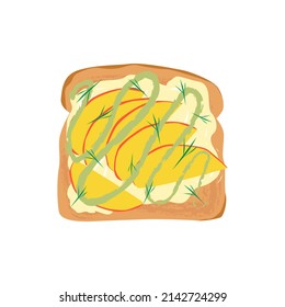 Delicious french toast breakfast. Healthy food concept. Sandwich made of fresh toasted bread with sliced mango, cream cheese , green sauce and seasoning herbs. Cartoon hand drawn vector illustration. 