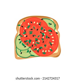 Delicious french toast breakfast. Healthy food concept. Sandwich made of fresh toasted bread with sliced tomatoes, cucumbers, cream cheese and seasoning herbs. Cartoon hand drawn vector illustration. 