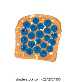 Delicious french toast breakfast. Healthy food concept. Sandwich made of fresh toasted bread with sliced blueberries, chocolate paste, white chocolate chips. Cartoon hand drawn vector illustration. 