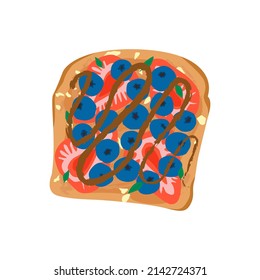 Delicious french toast breakfast. Healthy food concept. Sandwich made of fresh toasted bread with blueberries, strawberries , chocolate paste, chocolate chips. Cartoon hand drawn vector illustration. 