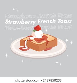 Deliciosa tostada francesa arte vectorial con fresa, mermelada de fresa dulce y helado de vainilla en la parte superior. Postre de fresa. Ilustración vectorial.