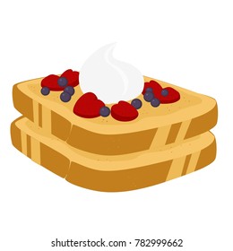 Delicious french toast vector art with blueberries, sliced strawberries, and whipped cream on top.  Matching foods also available.  Transparent background in vector file.