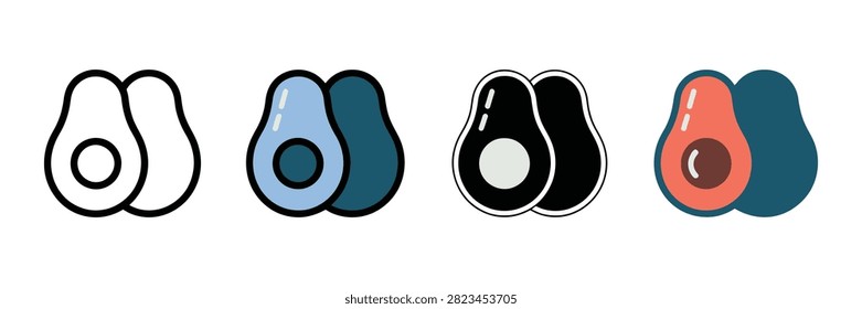 Delicious fresh avocado halves depicted in four distinct artistic styles ranging from clean minimalist line art to vibrant flat colorful vector designs isolated on a crisp clean solid white background.