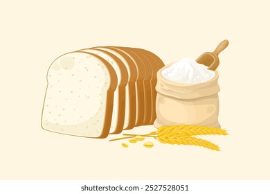 Delicious fresh baked white whole wheat bread with grains and a sack of wheat flour, Starchy or carbohydrate foods that naturally contain gluten, Bread loaves or sandwich slices and processed foods.