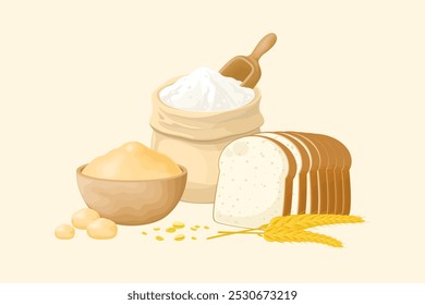 Delicious fresh baked white whole wheat bread with grains and a sack of wheat flour, Starchy or carbohydrate foods that naturally contain gluten, Bread loaves or sandwich slices and processed foods.