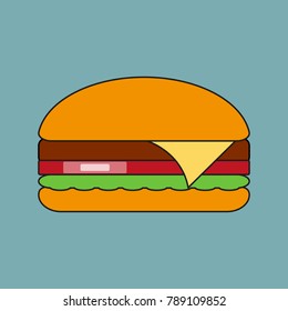 Delicious fresh beef cheeseburger flat vector illustration.  Tasty burger cartoon icon. Junk fast food symbol. Cafe or restaurants diner concept. Modern urban city lifestyle sign. Hamburger emblem