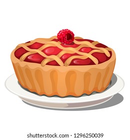 Delicious fresh berry pie with raspberry on top isolated on white background. Vector cartoon close-up illustration.