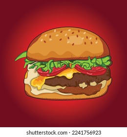Delicioso vector de hamburguesa fresca 3d ilustración Gran cartón logo y sitio web, artículos promocionales