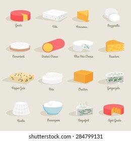 Delicious fresh cheese variety icon flat set isolated vector illustration