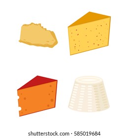 Delicious fresh cheese variety italian dinner icon flat dairy food and milk camembert piece different delicatessen gouda set isolated vector illustration.