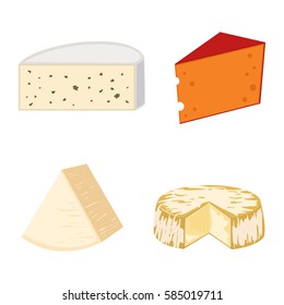Delicious fresh cheese variety italian dinner icon flat dairy food and milk camembert piece different delicatessen gouda set isolated vector illustration.