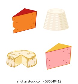 Delicious fresh cheese variety italian dinner icon flat dairy food and milk camembert piece different delicatessen gouda set isolated vector illustration.