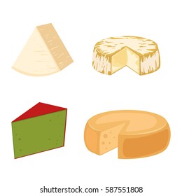 Delicious fresh cheese variety italian dinner icon flat dairy food and milk camembert piece different delicatessen gouda set isolated vector illustration.