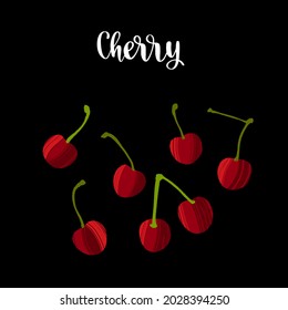 Deliciosas cerezas frescas en un tallo. Producto nutricional saludable. Ilustración aislada plana dibujada a mano con vectores con textura de pincel seco y grabado a mano para su diseño.