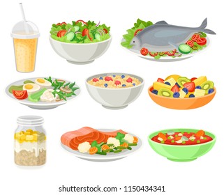 Delicious and fresh dishes set, healthy eating concept vector Illustrations on a white background