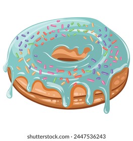 A delicious, fresh donut with a glossy mint glaze and decorated with colorful sprinkles. Vector isolated image. Delicious sweet pastries. Donut advertisement