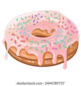 Delicioso donut fresco con glaseado rosa brillante y decoración de espolvoreado de colores. Vector Imagen aislada. Deliciosos dulces. Anuncio de donut