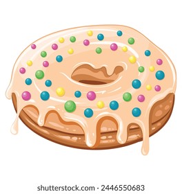 Delicious fresh donut with glossy white glaze and decorated with colorful sprinkles. Vector isolated image. Delicious sweet pastries. Donut advertisement