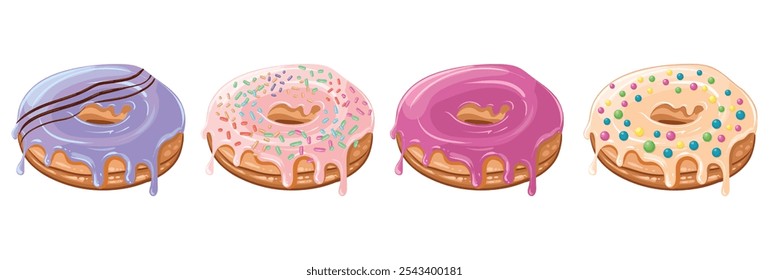 Deliciosa rosquilla fresca con esmalte blanco brillante y decorada con chispas de colores. Imagen aislada de Vector. Pasteles dulces. Colección de vista superior de rosquillas vidriadas para decoración de cafeterías o diseño de menús.