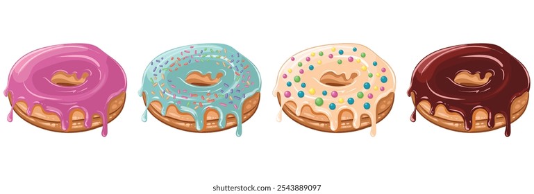 Deliciosa rosquilla fresca con esmalte blanco brillante y decorada con chispas de colores. Imagen aislada de Vector. Pasteles dulces. Colección de vista superior de rosquillas vidriadas para decoración de cafeterías o diseño de menús.