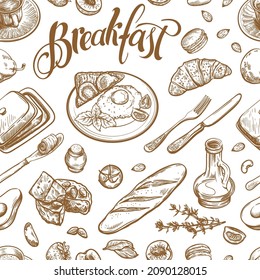 Delicious fresh foods for a good breakfast. Food and dishes on the table. Seamless background.