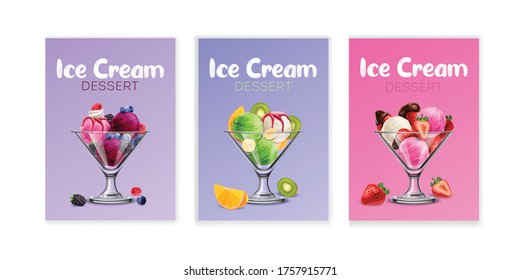 Delicious fresh fruits ice cream balls desert 3 realistic background posters with strawberry orange blueberry vector illustration 