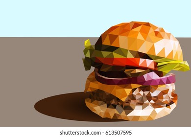 Delicious fresh homemade burger on a table. low poly model conception