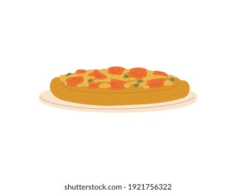Delicious fresh hot pizza with tomato, cheese and olive. Traditional italian fast food prepared by a professional chef. Flat cartoon vector isolated illustration.