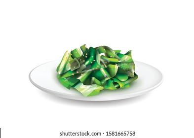 A delicious fresh Kelp seaweed salad sea food on plate vector Illustration on white Background
