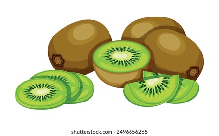 Delicious, fresh kiwi fruit in cartoon style. Vector illustration of healthy and nutritious different kiwi: whole, halves, slices, isolated on white background. Peeled and unpeeled kiwi.