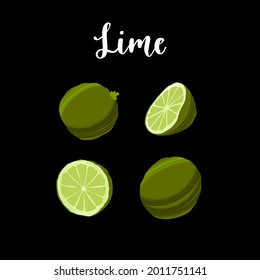 Delicious fresh lime whole and sliced. Healthy nutrition product. Vector hand drawn flat isolated illustration with dry brush texture and hand written lettering for your design.